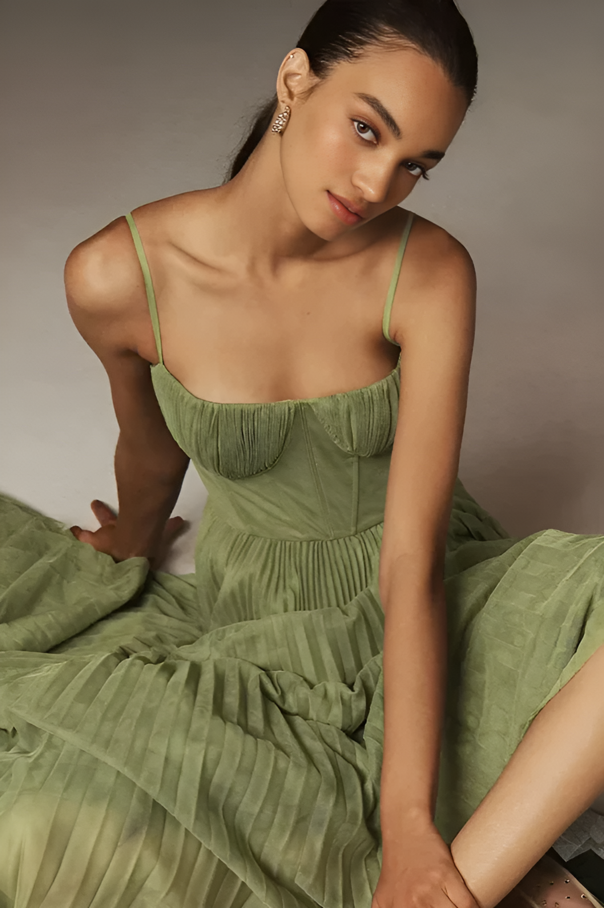 Bustier Pleated Tulle Midi Dress Aviero Madrid