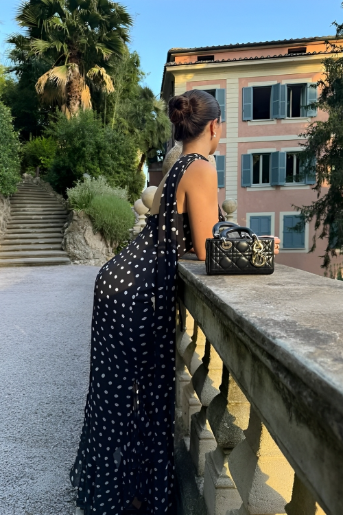 Black and Cream Polkadot Ruffle Maxi Dress Aviero Madrid