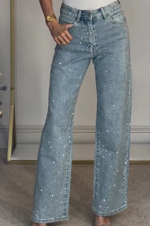 High Waisted Diamanté Straight Leg Jeans Aviero Madrid