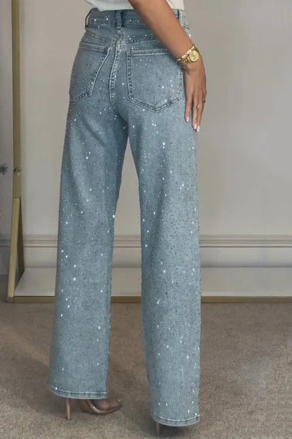 High Waisted Diamanté Straight Leg Jeans Aviero Madrid
