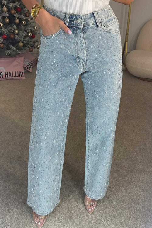 High Waisted Diamanté Straight Leg Jeans Aviero Madrid