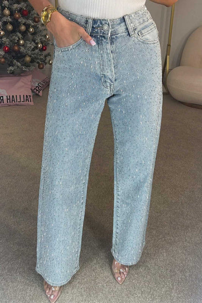 High Waisted Diamanté Straight Leg Jeans Aviero Madrid
