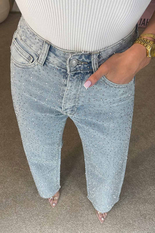 High Waisted Diamanté Straight Leg Jeans Aviero Madrid