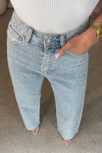 High Waisted Diamanté Straight Leg Jeans Aviero Madrid
