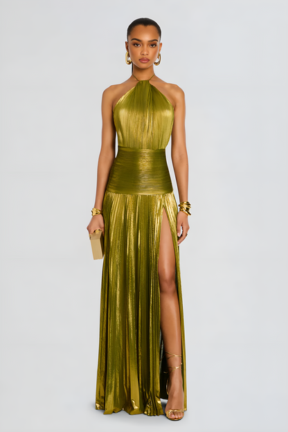 Thalia Metallic Peridot Maxi Dress Aviero Madrid