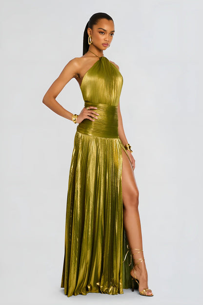 Thalia Metallic Peridot Maxi Dress Aviero Madrid