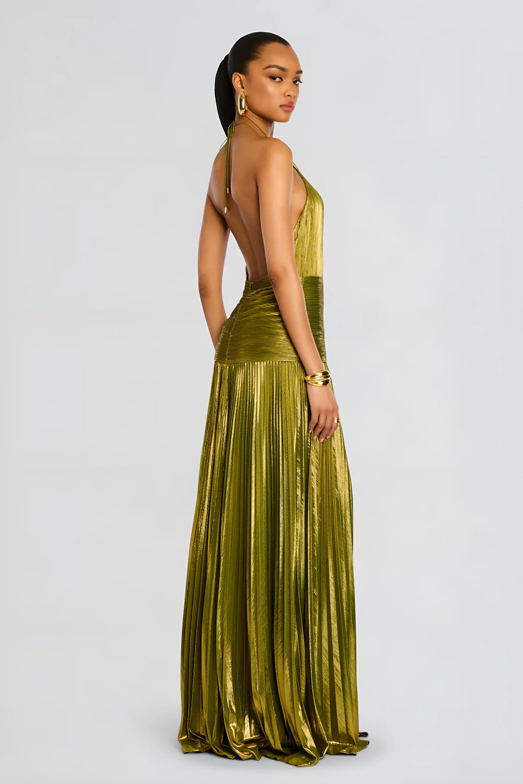 Thalia Metallic Peridot Maxi Dress Aviero Madrid