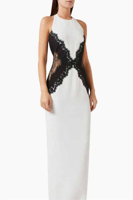 Open Back Maxi Dress In Crepe & Lace Aviero Madrid