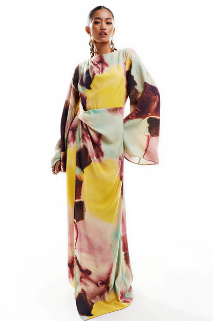 Abstract Watercolor Print Ultra-Long Dress Aviero Madrid