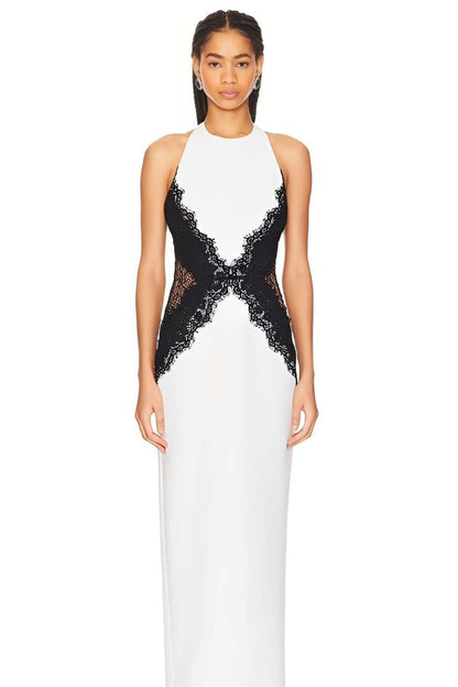 Open Back Maxi Dress In Crepe & Lace Aviero Madrid