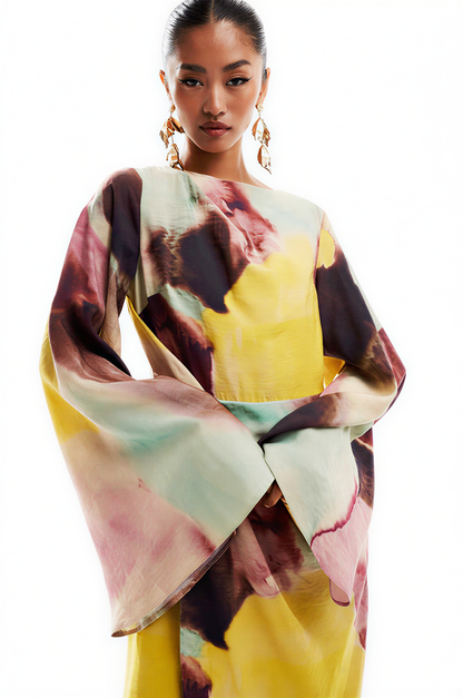 Abstract Watercolor Print Ultra-Long Dress Aviero Madrid