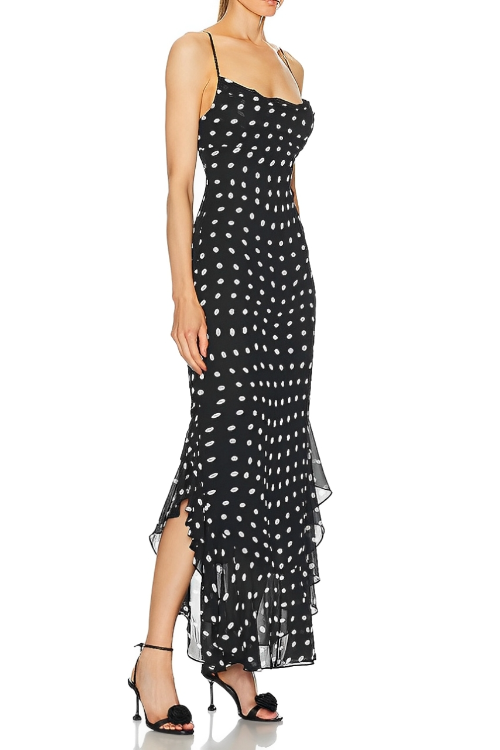 Black and Cream Polkadot Ruffle Maxi Dress Aviero Madrid