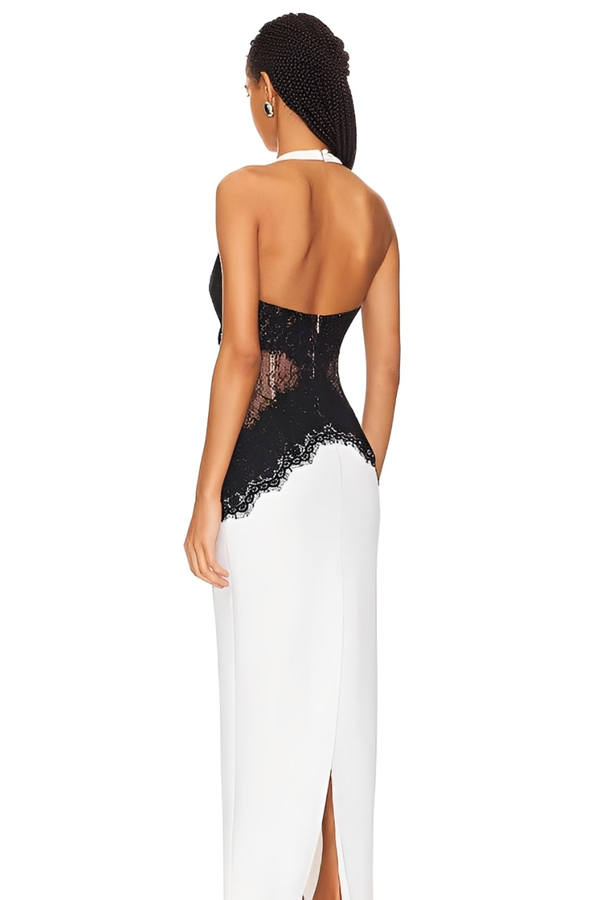Open Back Maxi Dress In Crepe & Lace Aviero Madrid