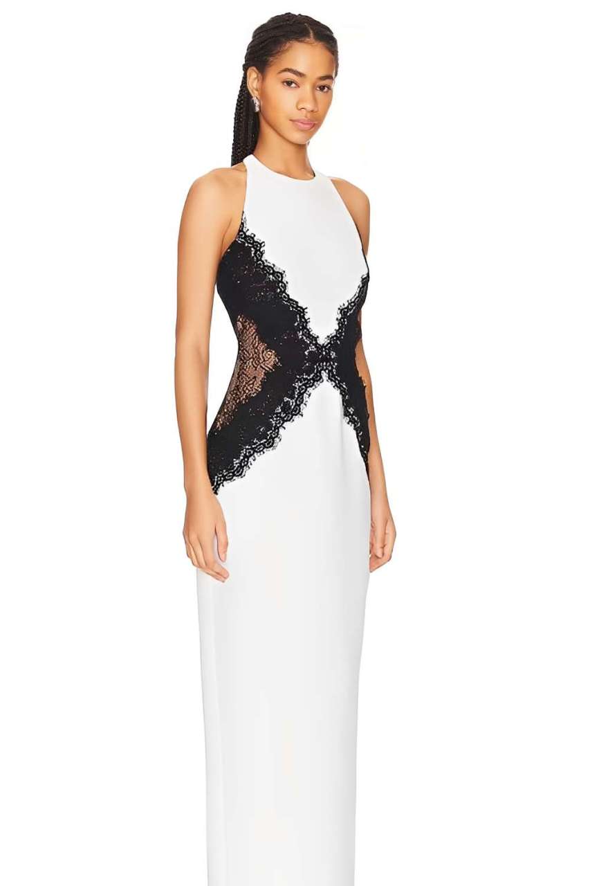 Open Back Maxi Dress In Crepe & Lace Aviero Madrid