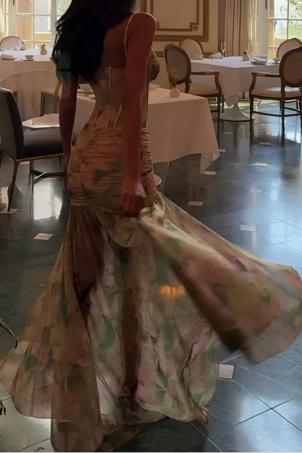 Green Floral Dress Ruffled Asymmetric Bodycon Gown Aviero Madrid