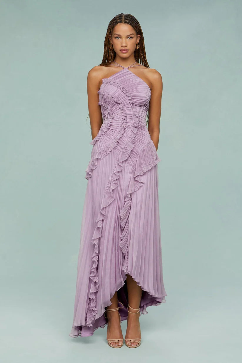 Pleated Frill Halter Neck Maxi Dress Aviero Madrid