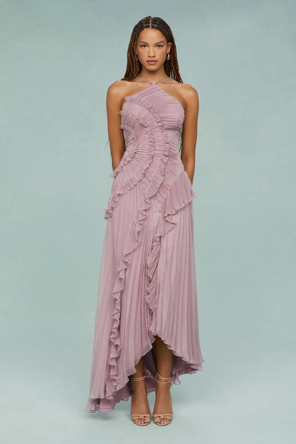 Pleated Frill Halter Neck Maxi Dress Aviero Madrid
