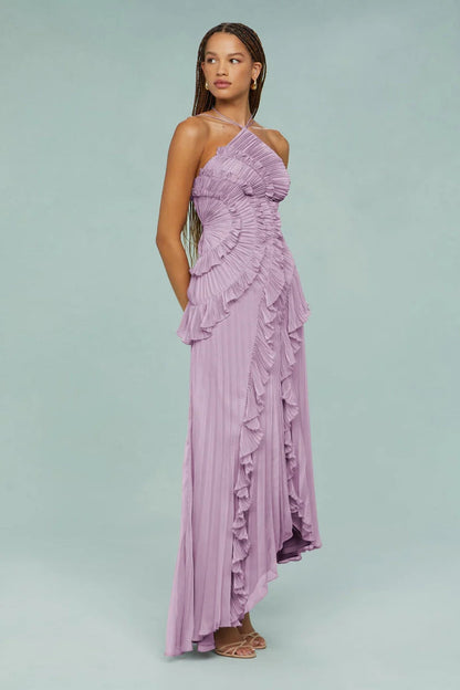 Pleated Frill Halter Neck Maxi Dress Aviero Madrid