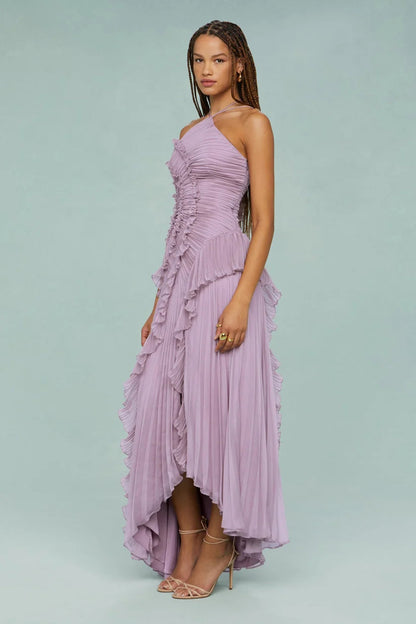 Pleated Frill Halter Neck Maxi Dress Aviero Madrid