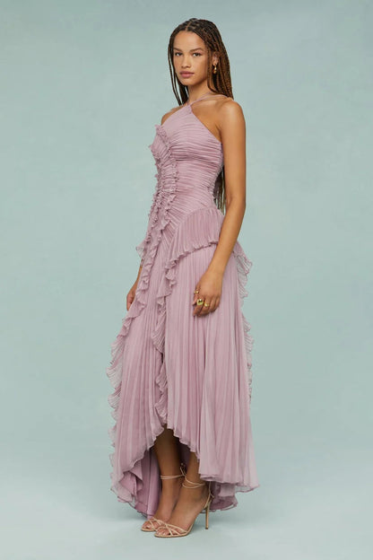Pleated Frill Halter Neck Maxi Dress Aviero Madrid