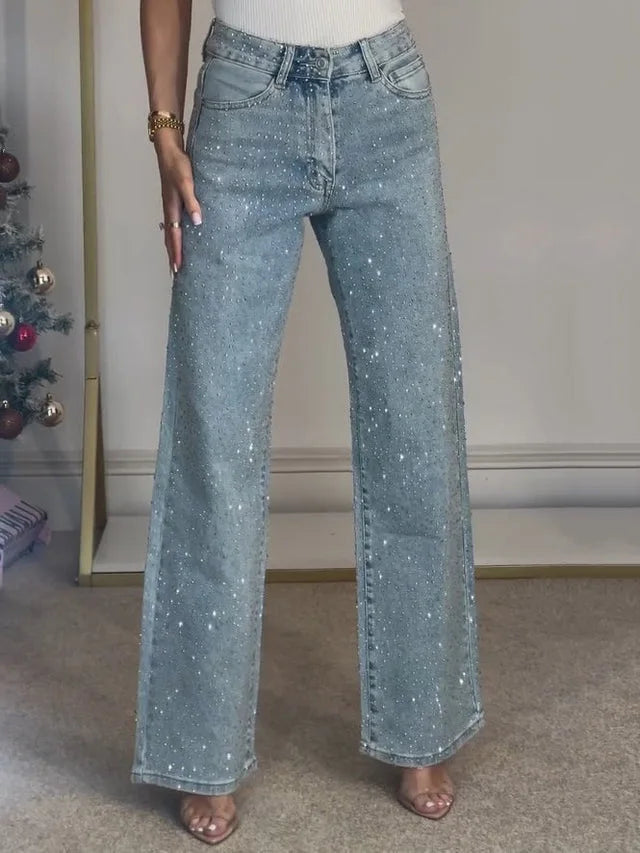 High Waisted Diamanté Straight Leg Jeans Aviero Madrid