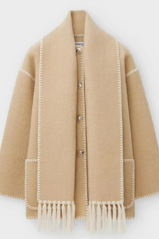 Abrigo con Bufanda de Flecos en Color Ciervo Valera Madrid