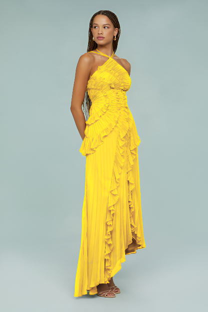Pleated Frill Halter Neck Maxi Dress Aviero Madrid