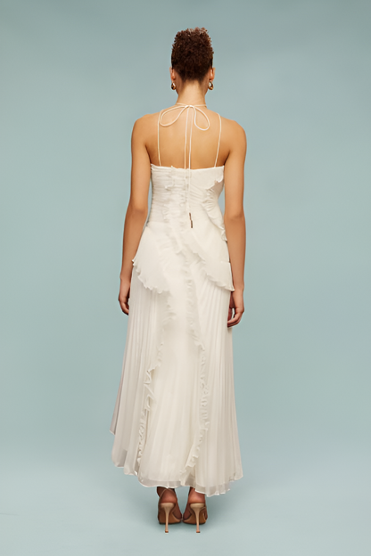Pleated Frill Halter Neck Maxi Dress Aviero Madrid