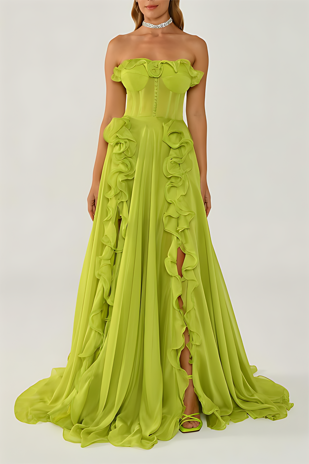 Solid Frill Sweetheart Neck Sleeveless Maxi Dress Aviero Madrid