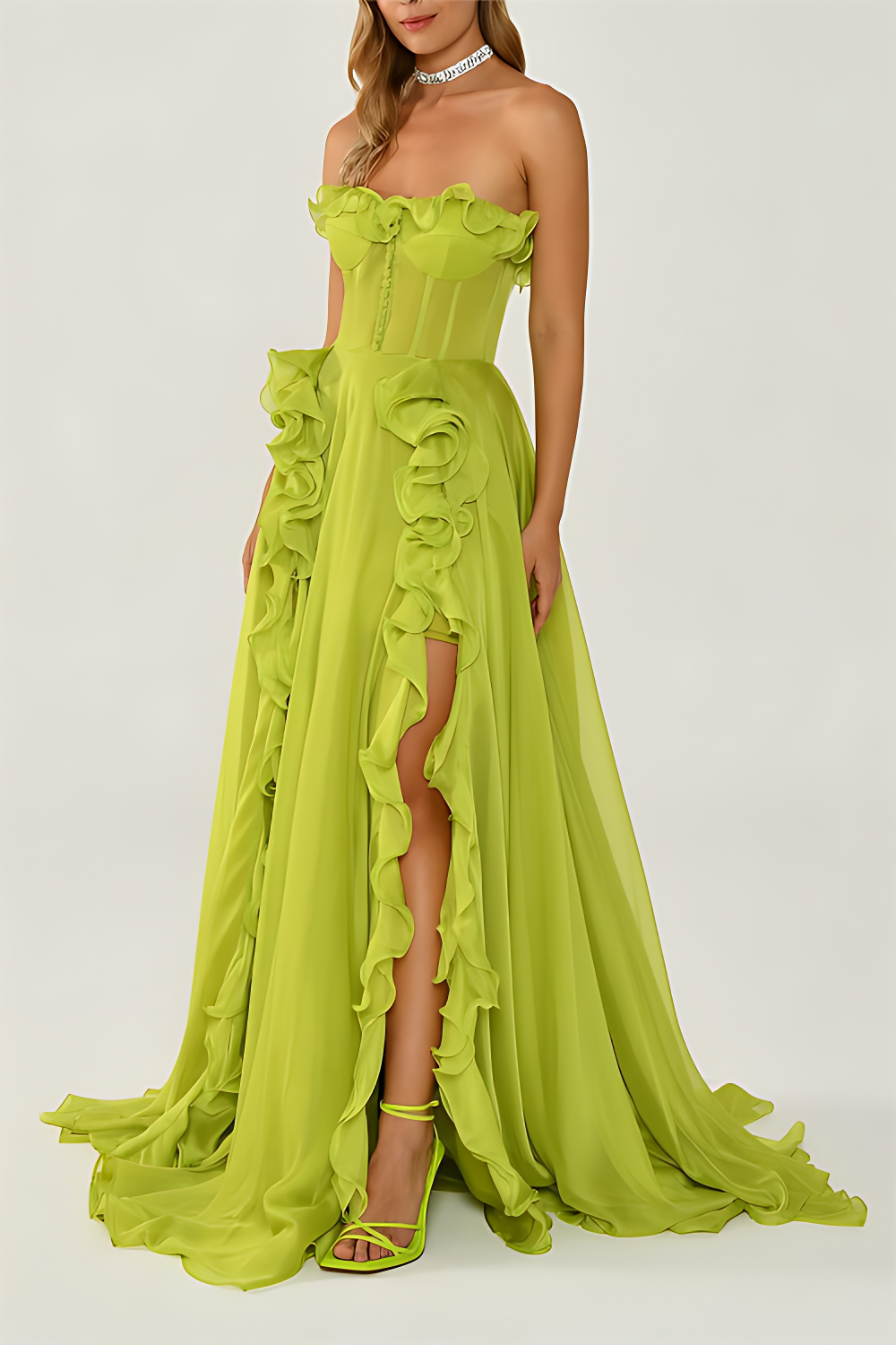 Solid Frill Sweetheart Neck Sleeveless Maxi Dress Aviero Madrid
