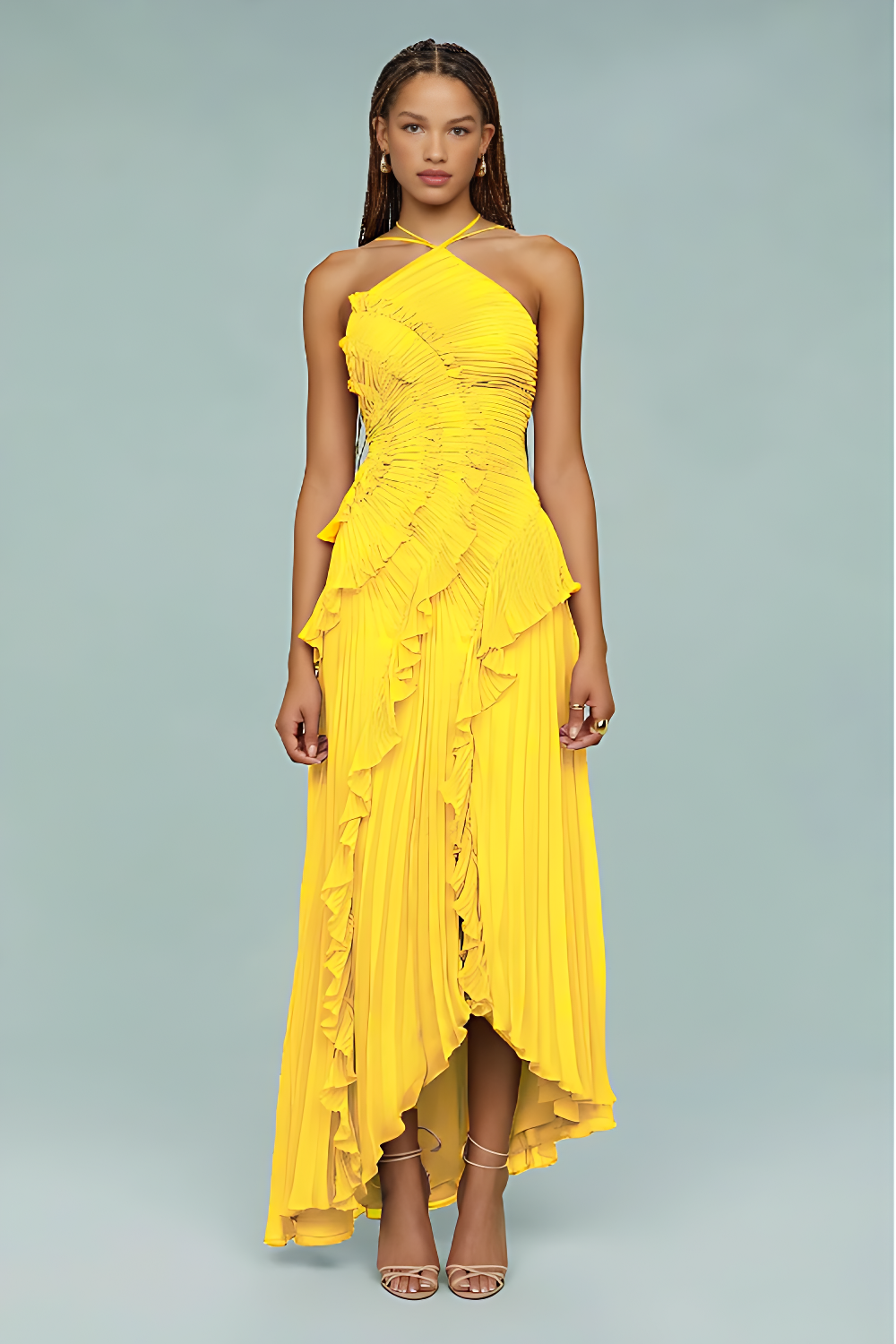 Pleated Frill Halter Neck Maxi Dress Aviero Madrid